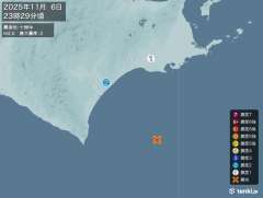 23時29分ごろ、Ｍ４．６　十勝沖 北緯42.0度　東経144.