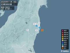 23時38分ごろ、Ｍ３．９　福島県沖 北緯37.1度　東経141