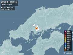 6時17分ごろ、Ｍ２．８　広島県南西部 北緯34.5度　東経13