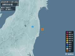 8時59分ごろ、Ｍ３．３　福島県沖 北緯37.3度　東経141.