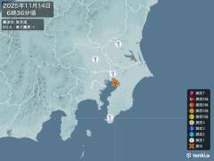6時36分ごろ、Ｍ３．８　東京湾 北緯35.6度　東経140.0