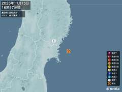 16時57分ごろ、Ｍ３．４　宮城県沖 北緯38.6度　東経141