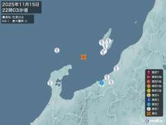 22時3分ごろ、Ｍ４．１　佐渡付近 北緯37.7度　東経137.