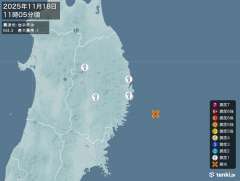 11時5分ごろ、Ｍ４．３　岩手県沖 北緯39.2度　東経142.