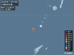 14時54分ごろ、Ｍ２．３　トカラ列島近海 北緯29.3度　東経