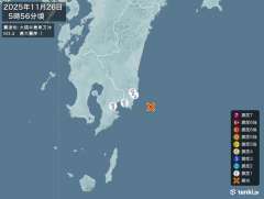 5時56分ごろ、Ｍ３．４　大隅半島東方沖 北緯31.4度　東経1