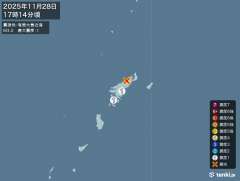 17時14分ごろ、Ｍ３．２　奄美大島近海 北緯28.4度　東経1