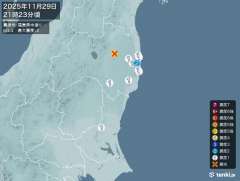 21時23分ごろ、Ｍ３．３　福島県中通り 北緯37.5度　東経1