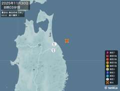 9時3分ごろ、Ｍ３．６　青森県東方沖 北緯40.6度　東経142