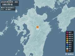 5時3分ごろ、Ｍ２．２　熊本県阿蘇地方 北緯33.0度　東経13