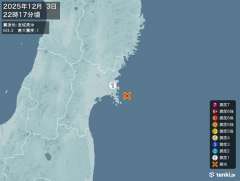 22時17分ごろ、Ｍ３．３　宮城県沖 北緯38.4度　東経141