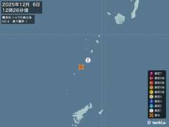 12時26分ごろ、Ｍ２．６　トカラ列島近海 北緯29.3度　東経