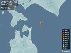 18時33分ごろ、Ｍ３．３　浦河沖 北緯41.6度　東経142.