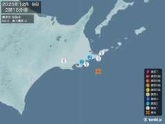 2時16分ごろ、Ｍ４．０　釧路沖 北緯42.9度　東経145.5