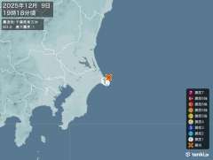 19時18分ごろ、Ｍ３．０　千葉県東方沖 北緯35.8度　東経1
