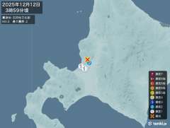 3時59分ごろ、Ｍ３．０　石狩地方北部 北緯43.4度　東経14
