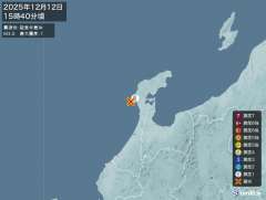 15時40分ごろ、Ｍ３．０　能登半島沖 北緯37.1度　東経13