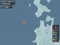 6時30分ごろ、Ｍ４．２　青森県西方沖 北緯41.1度　東経13