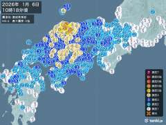 10時18分ごろ、Ｍ６．２→Ｍ６．４　島根県東部 北緯35.3度
