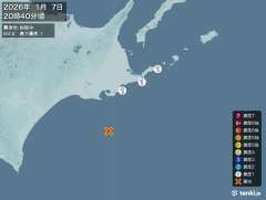 20時40分ごろ、Ｍ３．８　釧路沖 北緯42.5度　東経144.