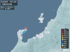 5時9分ごろ、Ｍ４．２　石川県能登地方 北緯37.5度　東経13