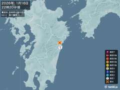 22時20分ごろ、Ｍ２．３　宮崎県北部平野部 北緯32.6度　東