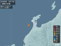 8時27分ごろ、Ｍ３．８　石川県西方沖 北緯36.9度　東経13