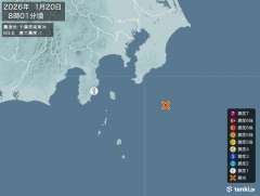 8時1分ごろ、Ｍ３．６　千葉県南東沖 北緯34.6度　東経140