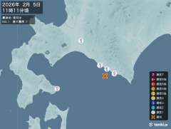11時11分ごろ、Ｍ４．１　浦河沖 北緯42.1度　東経142.