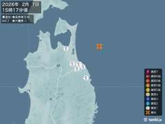 15時17分ごろ、Ｍ３．７　青森県東方沖 北緯40.9度　東経1