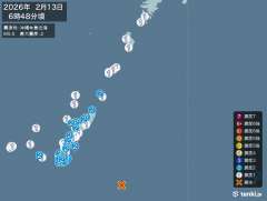 6時48分ごろ、Ｍ５．５　沖縄本島近海 北緯25.8度　東経12