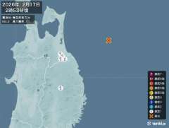 2時53分ごろ、Ｍ４．０　青森県東方沖 北緯40.8度　東経14