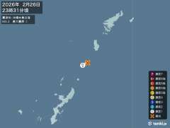 23時31分ごろ、Ｍ３．３　沖縄本島近海 北緯27.4度　東経1