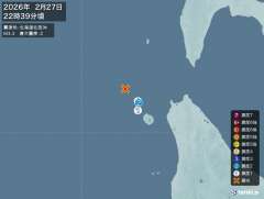 22時39分ごろ、Ｍ３．３　北海道北西沖 北緯45.6度　東経1