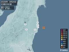 23時3分ごろ、Ｍ３．８　福島県沖 北緯37.2度　東経141.