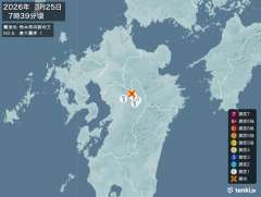 7時39分ごろ、Ｍ２．６　熊本県阿蘇地方 北緯33.0度　東経1