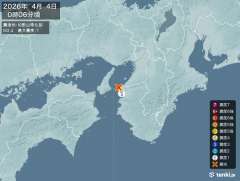 0時6分ごろ、Ｍ２．４　和歌山県北部 北緯34.3度　東経135