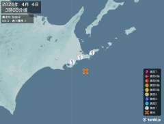 3時8分ごろ、Ｍ３．３　釧路沖 北緯42.9度　東経145.4度