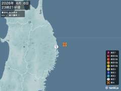 23時21分ごろ、Ｍ３．１　岩手県沖 北緯39.8度　東経142