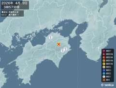 3時57分ごろ、Ｍ３．２　徳島県北部 北緯34.0度　東経134