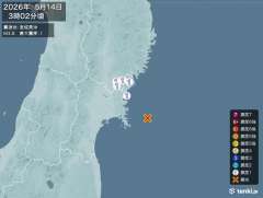 3時2分ごろ、Ｍ３．８　宮城県沖 北緯38.4度　東経141.9