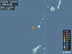 8時24分ごろ、Ｍ２．５　トカラ列島近海 北緯29.4度　東経1