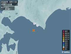 22時11分ごろ、Ｍ３．７　浦河沖 北緯41.9度　東経142.