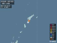 4時11分ごろ、Ｍ３．０　奄美大島近海 北緯28.1度　東経12
