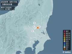 5時6分ごろ、Ｍ３．２　茨城県南部 北緯36.3度　東経140.