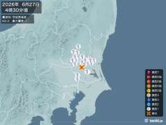 4時30分ごろ、Ｍ３．２　茨城県南部 北緯36.2度　東経140