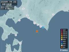 6時10分ごろ、Ｍ４．２　浦河沖 北緯41.9度　東経142.5