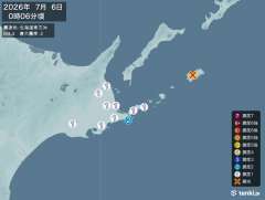 0時6分ごろ、Ｍ４．４　北海道東方沖 北緯43.8度　東経146
