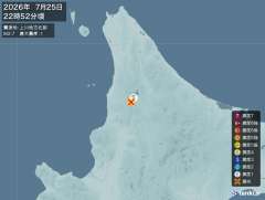22時52分ごろ、Ｍ２．７　上川地方北部 北緯44.2度　東経1