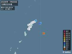 21時58分ごろ、Ｍ２．３　トカラ列島近海 北緯29.3度　東経